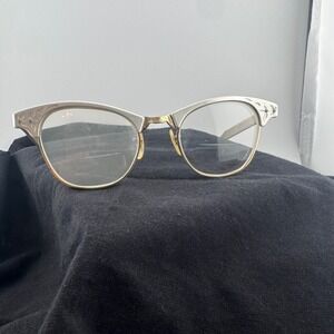 Vintage Cat Eye Glasses Artcraft Aluminum Silver Gold Floral 46-20 USA 1950s